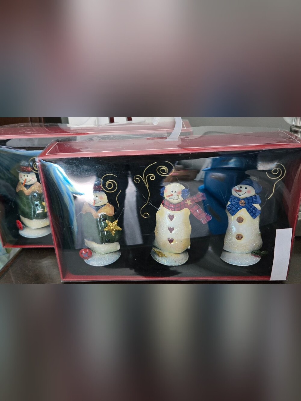 St. Nicholas Square White Snowman Figurine Trio with Blue and Red Accents